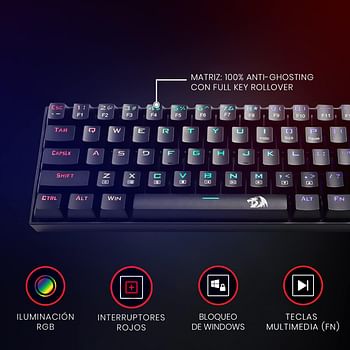 Redragon Wireless Mechanical Gaming 60% Compact 70 Key Tenkeyless RGB Backlit Computer Keyboard with Red Switches for Windows PC Gamers