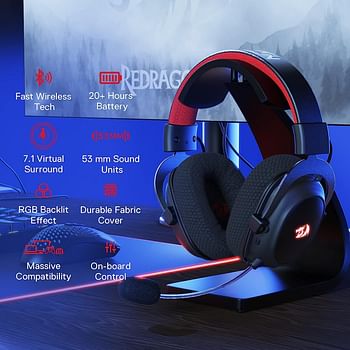 Redragon H510 PRO Zeus-X RGB Wireless Gaming Headset 7.1 Surround Sound 53MM Audio Drivers Memory Foam Ear Pads with Durable Fabric Cover Multi-Platform Headphone USB Powered for PC/PS4/NS