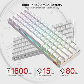 Redragon K530 Pro Draconic 60% Wireless RGB Mechanical Keyboard, Bluetooth, 3-Mode, 61 Keys Compact Gaming Keyboard w/100% Hot-Swap Socket, Free-Mod Plate Mounted PCB & Red Switch - White