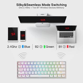 Redragon K530 Pro Draconic 60% Wireless RGB Mechanical Keyboard, Bluetooth, 3-Mode, 61 Keys Compact Gaming Keyboard w/100% Hot-Swap Socket, Free-Mod Plate Mounted PCB & Red Switch - White