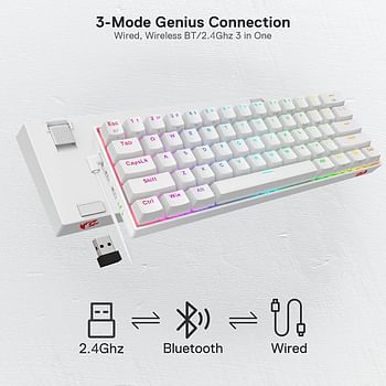 Redragon K530 Pro Draconic 60% Wireless RGB Mechanical Keyboard, Bluetooth, 3-Mode, 61 Keys Compact Gaming Keyboard w/100% Hot-Swap Socket, Free-Mod Plate Mounted PCB & Red Switch - White