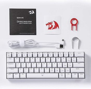 Redragon K630 Dragonborn 60% Wired RGB Gaming Keyboard, 61 Keys Compact Mechanical Keyboard with Tactile Red Switch, Pro Driver Support - White