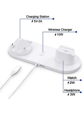 We Happy 6 in 1 Wireless Charging Station, Multi-Function Portable Fast Charger Stand for Smartphone, Apple Watch and AirPods - White