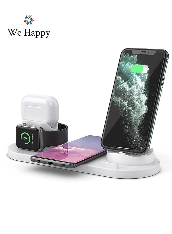 We Happy 6 in 1 Wireless Charging Station, Multi-Function Portable Fast Charger Stand for Smartphone, Apple Watch and AirPods - White