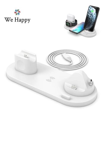 We Happy 6 in 1 Wireless Charging Station, Multi-Function Portable Fast Charger Stand for Smartphone, Apple Watch and AirPods - White