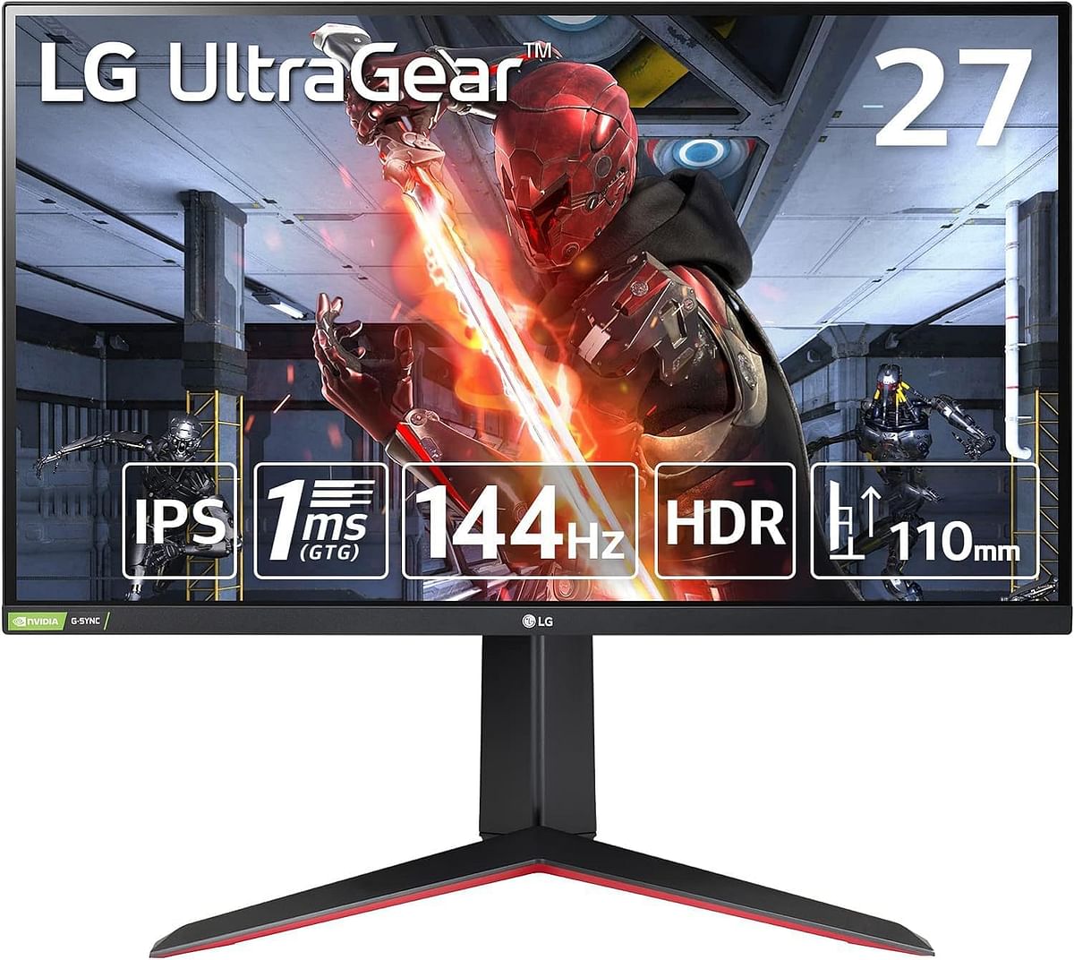 LG 27GN65R-B UltraGear Gaming Monitor, 27 inch, Full HD, IPS, 144Hz, 1 ms (GTG), G-SYNC Compatible, FreeSync Premium/HDR/HDMI, DisplayPort/Pivot, Height Adjustment