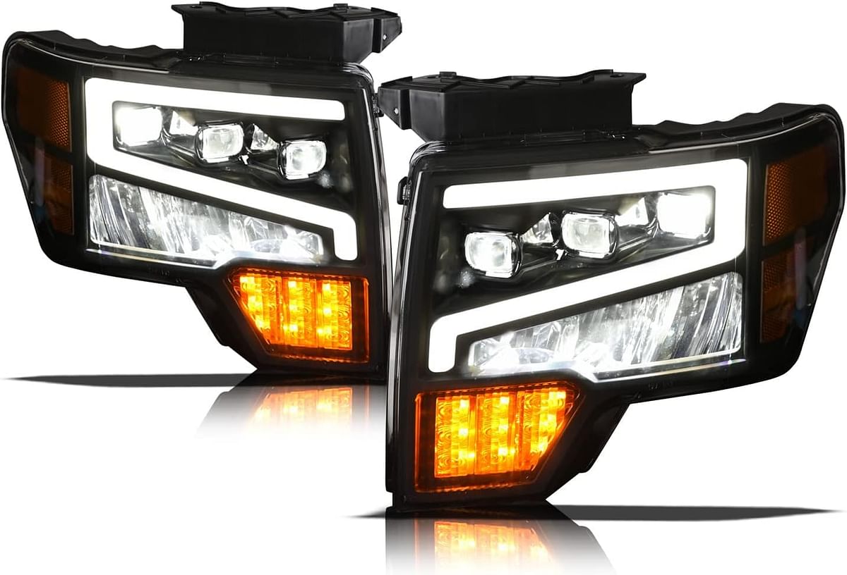 Alpha Owls 7162952 Tri-Pro Series Full LED Projector Headlights With White LED Light Bar & Sequential Signal - Black Amber Fits 2009-2014 Ford F150 Halogen Models