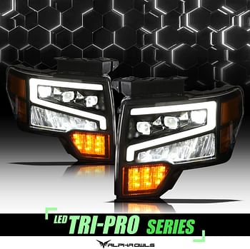 Alpha Owls 7162952 Tri-Pro Series Full LED Projector Headlights With White LED Light Bar & Sequential Signal - Black Amber Fits 2009-2014 Ford F150 Halogen Models