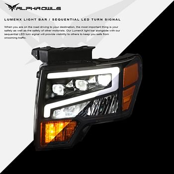 Alpha Owls 7162952 Tri-Pro Series Full LED Projector Headlights With White LED Light Bar & Sequential Signal - Black Amber Fits 2009-2014 Ford F150 Halogen Models