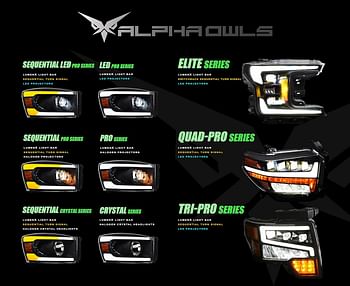 Alpha Owls 7162952 Tri-Pro Series Full LED Projector Headlights With White LED Light Bar & Sequential Signal - Black Amber Fits 2009-2014 Ford F150 Halogen Models