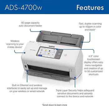 BROTHER ADS 4700W High speed Wireless Desktop Scanner Duplex A4 Document Scanner Large 10.9cm intuitive touchscreen, White