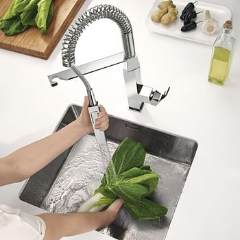 GROHE Eurocube Single-lever Sink Mixer 1/2" | Swivel Spout | Diverter: Mousseur/Shower Jet Swivel area 140°  360° Maneuverable Spring Arm  Chrome |31395000