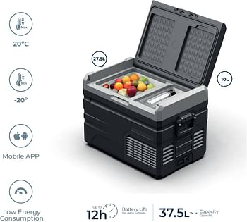 Powerology 37L Smart Dual Compartment Fridge And Freezer Up to -20 Celcius Versatile Cooler For Outdoor Adventure With Android/IOS App - ‎Gray