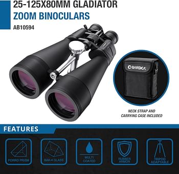 BARSKA Gladiator 25-125x80 Zoom Binoculars (Green Lens, Braced-in Tripod Adapter) - Black