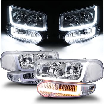 M-AUTO Switchback LED Strip DRL Headlights Assembly Compatible with 2001 GMC Sierra C3 / 02-06 Sierra 1500 Denali / 07 Sierra 1500 Denali Classic / 01-06 Yukon Denali, Yukon Xl 1500 Denali