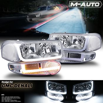 M-AUTO Switchback LED Strip DRL Headlights Assembly Compatible with 2001 GMC Sierra C3 / 02-06 Sierra 1500 Denali / 07 Sierra 1500 Denali Classic / 01-06 Yukon Denali, Yukon Xl 1500 Denali