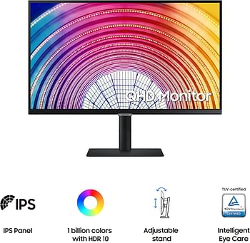 SAMSUNG S60A Series 27 Inch WQHD 2560x1440 Computer Monitor, 75Hz, IPS Panel, HDMI, HDR10 1 Billion Colors, Height Adjustable Stand, TUV Certified Intelligent Eye Care LS27A600NWNXGO - Black