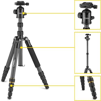 National Geographic Travel Photo Tripod Kit with Monopod Carbon Fibre 5-Section Legs Twist Locks Load up 8KG Carrying Bag Ball Head Quick Release NGTR004TCF - Black