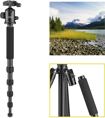 National Geographic Travel Photo Tripod Kit with Monopod Carbon Fibre 5-Section Legs Twist Locks Load up 8KG Carrying Bag Ball Head Quick Release NGTR004TCF - Black