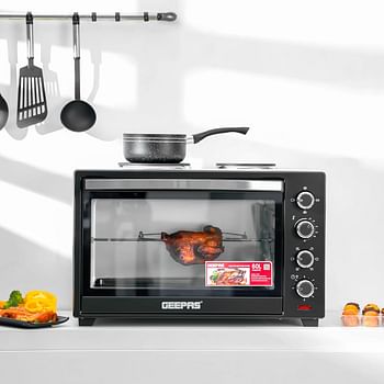 Geepas 60 L Electric Oven- G04452N with Convection and Rotisserie Function| 4 Knobs and Temperature 100-250-Degrees Celsius| 60 Minute Timer with Bell| 2000W