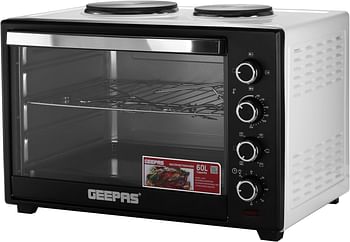 Geepas 60 L Electric Oven- G04452N with Convection and Rotisserie Function| 4 Knobs and Temperature 100-250-Degrees Celsius| 60 Minute Timer with Bell| 2000W