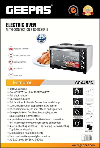 Geepas 60 L Electric Oven- G04452N with Convection and Rotisserie Function| 4 Knobs and Temperature 100-250-Degrees Celsius| 60 Minute Timer with Bell| 2000W