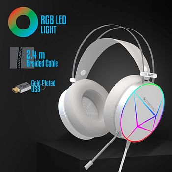 Zebronics Zeb-Blitz USB Gaming Wired Over Ear Headphones with Dolby Atmos RGB LED Windos Software Simulated 7.1 Surround Sound 2.4 Meter Braided Cable Flexible mic Cushions mic - White