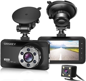 ORSKEY Dash Cam Front and Rear 1080P Full HD Dual Dash Camera in Car Camera Dashboard Camera Dashcam for Cars 170 Wide Angle with 3.0" LCD Display Night Vision and G-Sensor