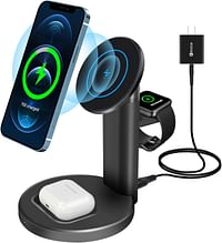 Toumky 3 in 1 Magnetic Wireless Charger,Fast Wireless Charging Station,for MagSafe Charger,iPhone 14/13/12,14/13/12 Pro,14/13/12 Pro Max,14/13/12 Mini,AirPods 3/2/Pro,MagSafe Cases(with QC3.0 Adapter)