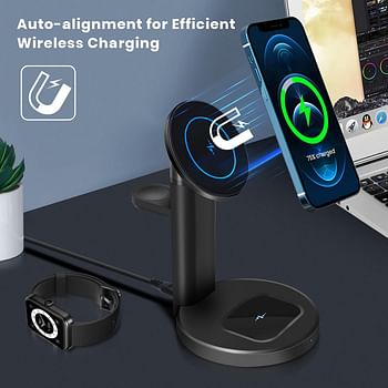 Toumky 3 in 1 Magnetic Wireless Charger,Fast Wireless Charging Station,for MagSafe Charger,iPhone 14/13/12,14/13/12 Pro,14/13/12 Pro Max,14/13/12 Mini,AirPods 3/2/Pro,MagSafe Cases(with QC3.0 Adapter)