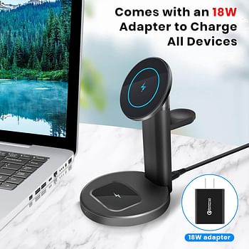 Toumky 3 in 1 Magnetic Wireless Charger,Fast Wireless Charging Station,for MagSafe Charger,iPhone 14/13/12,14/13/12 Pro,14/13/12 Pro Max,14/13/12 Mini,AirPods 3/2/Pro,MagSafe Cases(with QC3.0 Adapter)