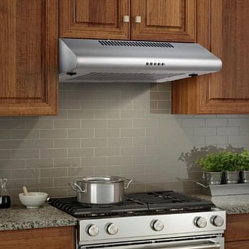 Melfi™ Stainless Steel Ductless Under Cabinet Range Hood Convertible Duct - Slim Kitchen Stove Vent with 3 Speed Exhaust Fan Reusable Filter and LED Lights (60X34X14) - Silver