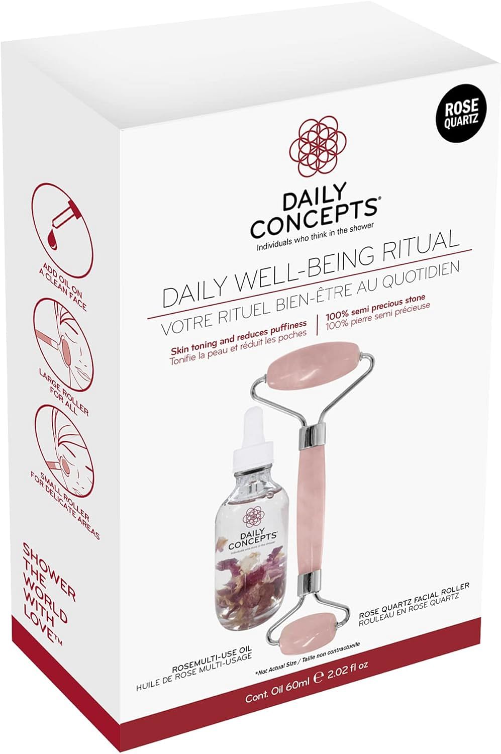 Daily Concepts Daily Gift Set Quartz Facial Roller With Rose Oil to Improve Penetration and Drain Lymphatic Systems Increase Circulation and Reduce Puffiness 227g