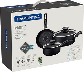 Tramontina Paris+ 5 Pieces Black Aluminum Cookware Set with Interior and Exterior Starflon Excellent PFOA Free Nonstick Coating