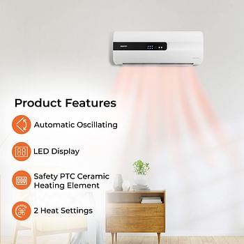 Geepas GWH28515 PTC Ceramic Wall Heater Auto Oscillating, Adjustable Thermostat 1000-2000W & Overheat Protection 8 Hours Timer Lightweight Heater with Cooling - White