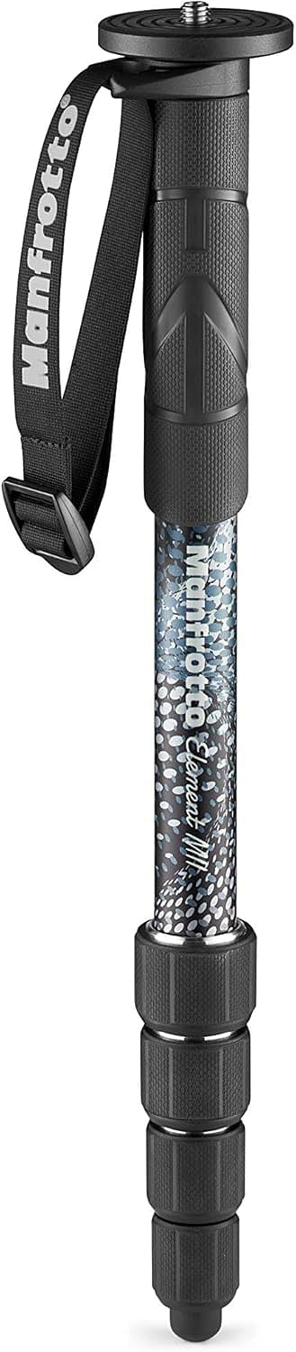 Manfrotto Element MII MMELMIIA5BK Lightweight 5-Section Aluminium Travel Camera Monopod with Wrist Strap Rubber Grip Twist Locks Load up 15kg for Compact Cameras Mirrorless DSLR - Black