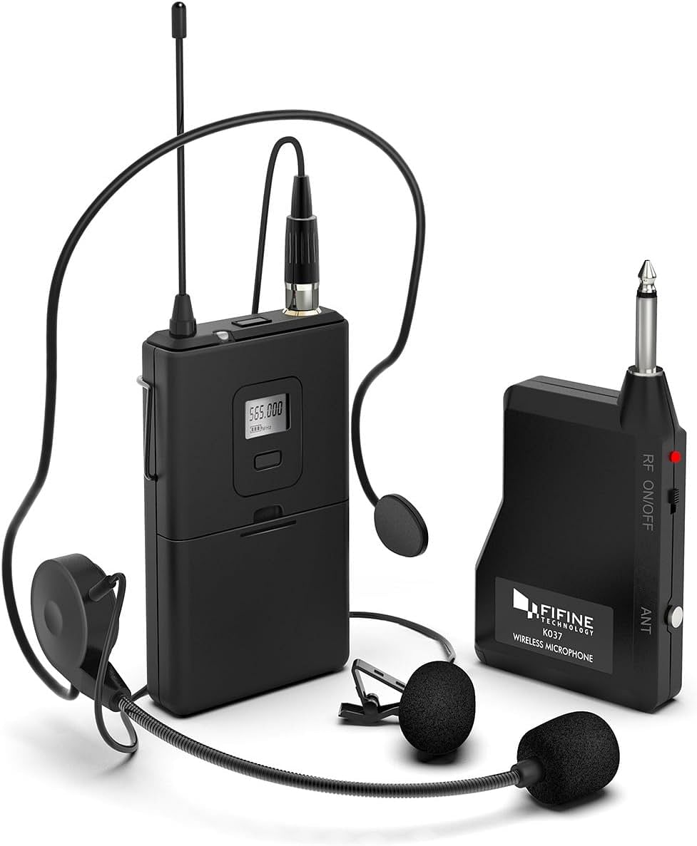 FIFINE Wireless Microphone System,Fifine Wireless Microphone set with Headset/Lavalier Lapel Mics, Beltpack Transmitter/Receiver,Ideal for Teaching, Preaching and Public Speaking Applications.(K037B)