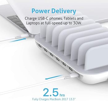 SOOPII 70W 7 Port Charging Station for Multiple Devices Charger Station with One 30W PD Port for Laptops 7 Mixed Charging Cables Included and 6 USB Ports for Smart Phones Tablets