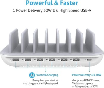 SOOPII 70W 7 Port Charging Station for Multiple Devices Charger Station with One 30W PD Port for Laptops 7 Mixed Charging Cables Included and 6 USB Ports for Smart Phones Tablets