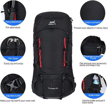 AMEISEYE 50L Internal Frame Hiking Backpack with Rain Cover(Black)