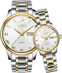 OLEVS Valentines Couple Pair Quartz Watches Luminous Calendar Date Window 3ATM Waterproof, Casual Stainless Steel His and Hers Wristwatch for Men Women Lovers Wedding Romantic Gifts Set of 2