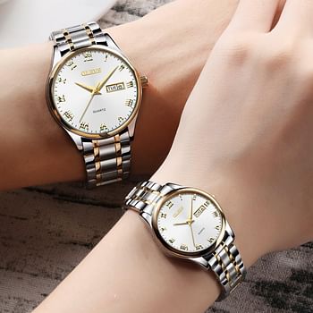 OLEVS Valentines Couple Pair Quartz Watches Luminous Calendar Date Window 3ATM Waterproof, Casual Stainless Steel His and Hers Wristwatch for Men Women Lovers Wedding Romantic Gifts Set of 2