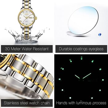 OLEVS Valentines Couple Pair Quartz Watches Luminous Calendar Date Window 3ATM Waterproof, Casual Stainless Steel His and Hers Wristwatch for Men Women Lovers Wedding Romantic Gifts Set of 2