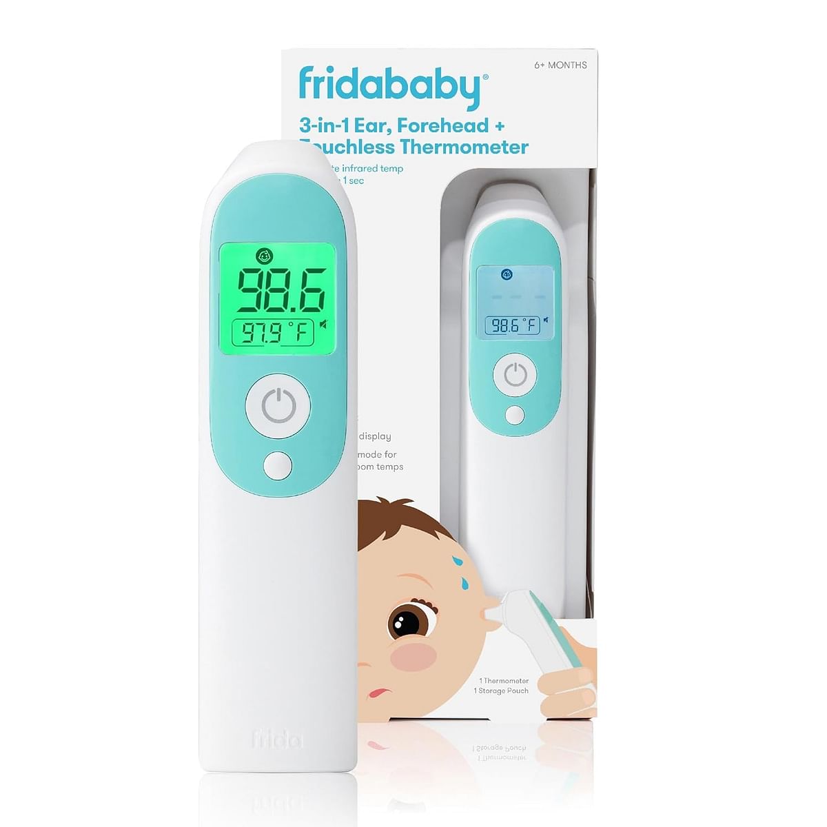 Frida Baby Infrared Thermometer 3 In 1 Ear, Forehead + Touchless For Babies, Toddlers, Adults, And Bottle Temperatures, White, 068, 5 Piece Set