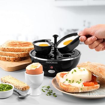 Progress EK2783P Electric Egg Cooker for Boiled & Poached Eggs, Ideal for Soft Medium or Hard Boiled Eggs, 430 W, Rack Holds Up to 6 Eggs, Includes Poaching Trays, Auto Shut Off Function