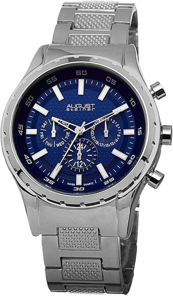 August Steiner Men's Multifunction Swiss Fashion Watch - Blue Dial with Day of Week, Date, and 24 Hour Subdial on Textured and Polished Multi Textured Silver Bracelet - AS8105