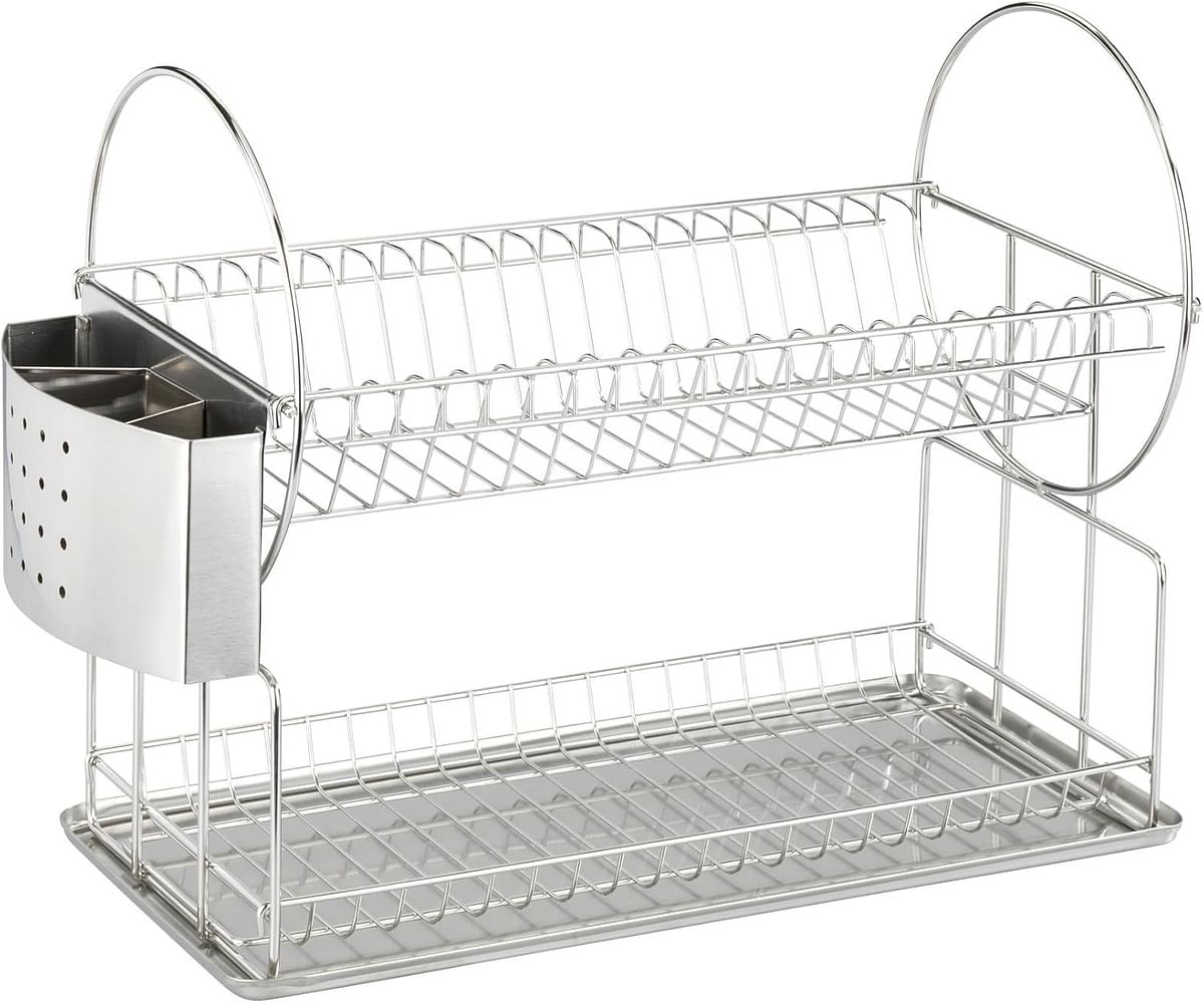 WENKO Exclusive Duo Dish Rack Stainless Steel Dishware Drainer & Dryer Home Kitchen Accessory Ideal Size for Sink 21x33x49cm Silver Matt