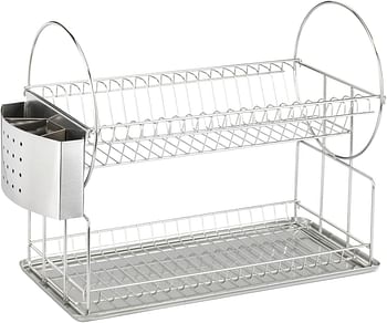 WENKO Exclusive Duo Dish Rack Stainless Steel Dishware Drainer & Dryer Home Kitchen Accessory Ideal Size for Sink 21x33x49cm Silver Matt