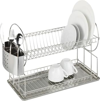 WENKO Exclusive Duo Dish Rack Stainless Steel Dishware Drainer & Dryer Home Kitchen Accessory Ideal Size for Sink 21x33x49cm Silver Matt