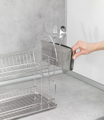 WENKO Exclusive Duo Dish Rack Stainless Steel Dishware Drainer & Dryer Home Kitchen Accessory Ideal Size for Sink 21x33x49cm Silver Matt